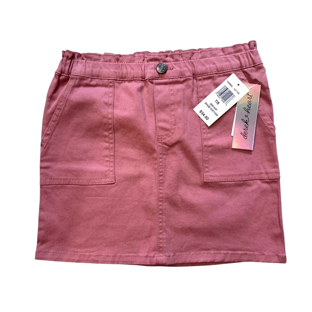 Derek Heart Girls Dusty Rose Pink Denim Skirt Paperbag Waist Size 7/8‎ NWT